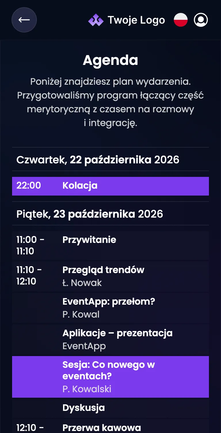 EventApp event app agenda screen with real-time schedule