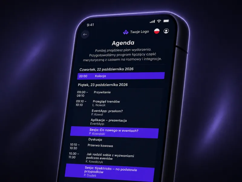 Ekran agendy EventApp z harmonogramem wydarzenia w czasie rzeczywistym