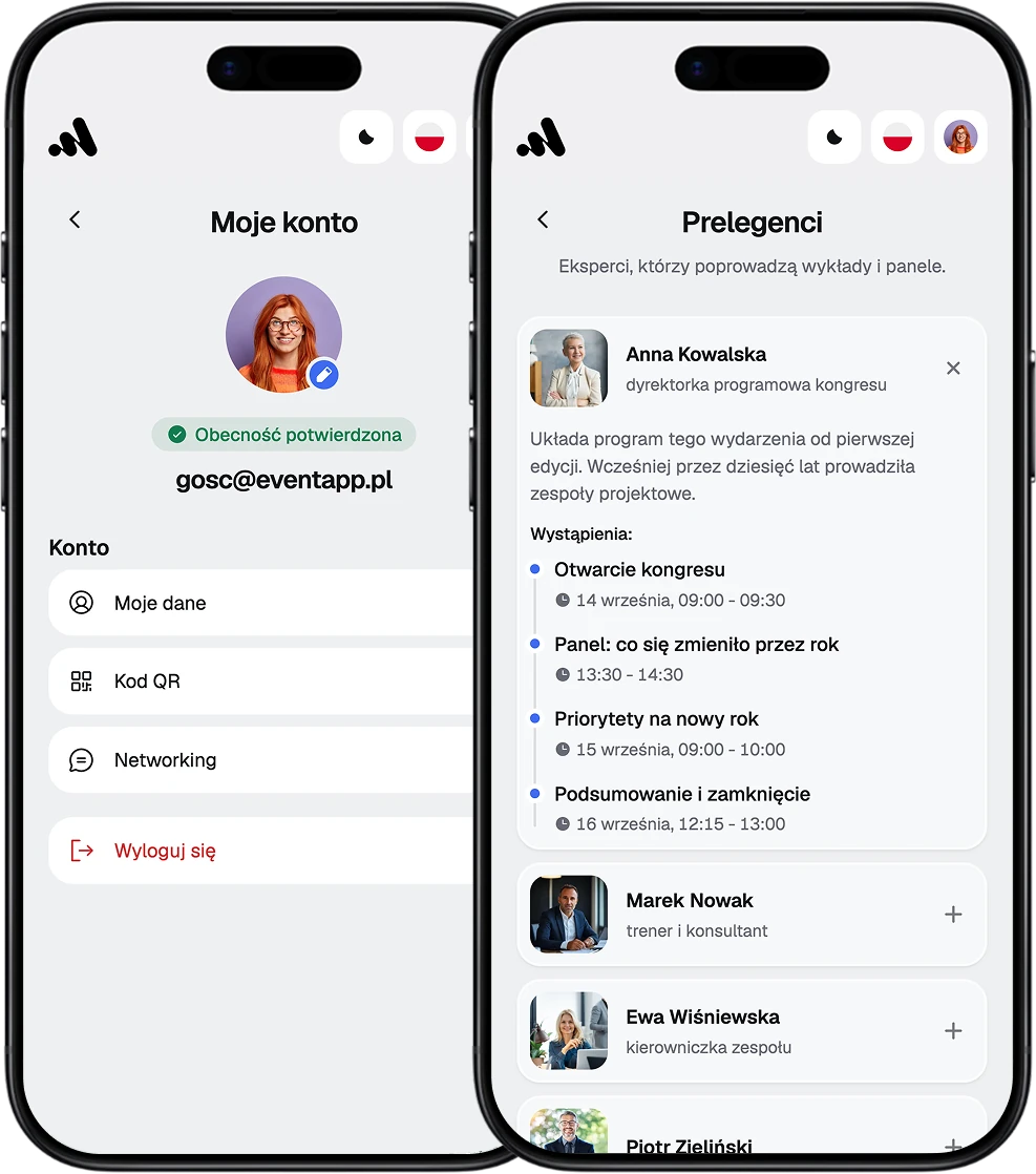 EventApp screens: the attendee account with confirmed attendance, and the speaker list with their talks