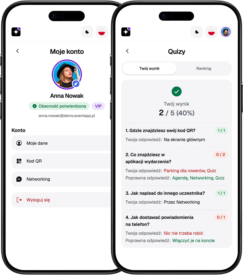 EventApp screens: the attendee account with confirmed attendance, and quiz results