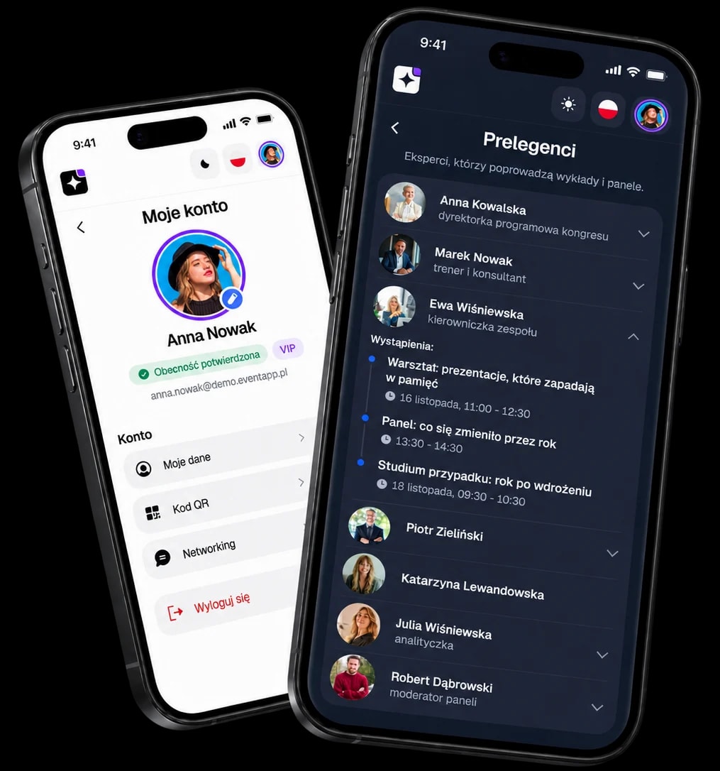 Zwei Smartphones mit der EventApp-Demo: ein Teilnehmerkonto im hellen Design und die Referentenliste im dunklen