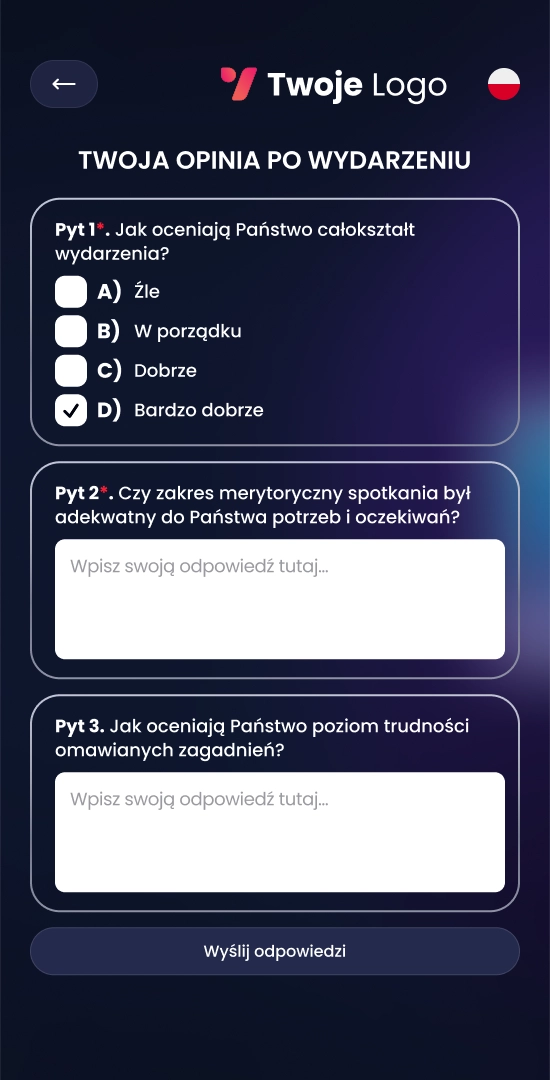 Ekran ankiety dla uczestników w aplikacji eventowej EventApp