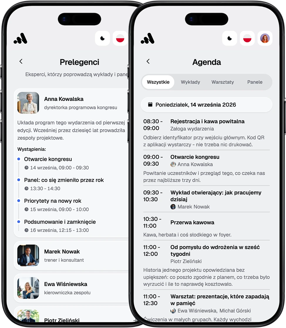 EventApp-Screens mit Veranstaltungsagenda und Referentenliste