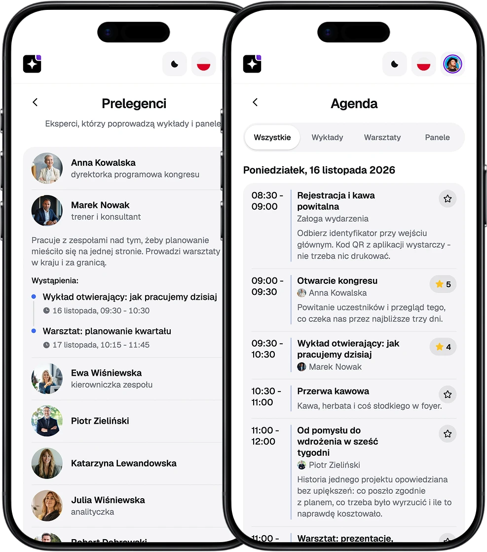 EventApp-Screens mit Veranstaltungsagenda und Referentenliste