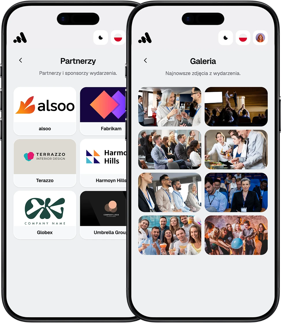 EventApp-Screens mit Fotogalerie und Veranstaltungspartnern