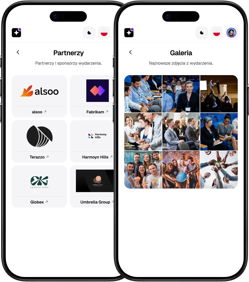 EventApp-Screens mit Fotogalerie und Veranstaltungspartnern