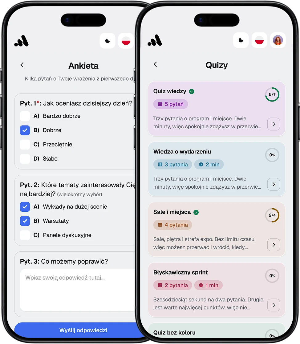 EventApp-Screens mit Teilnehmerumfrage und Quizliste