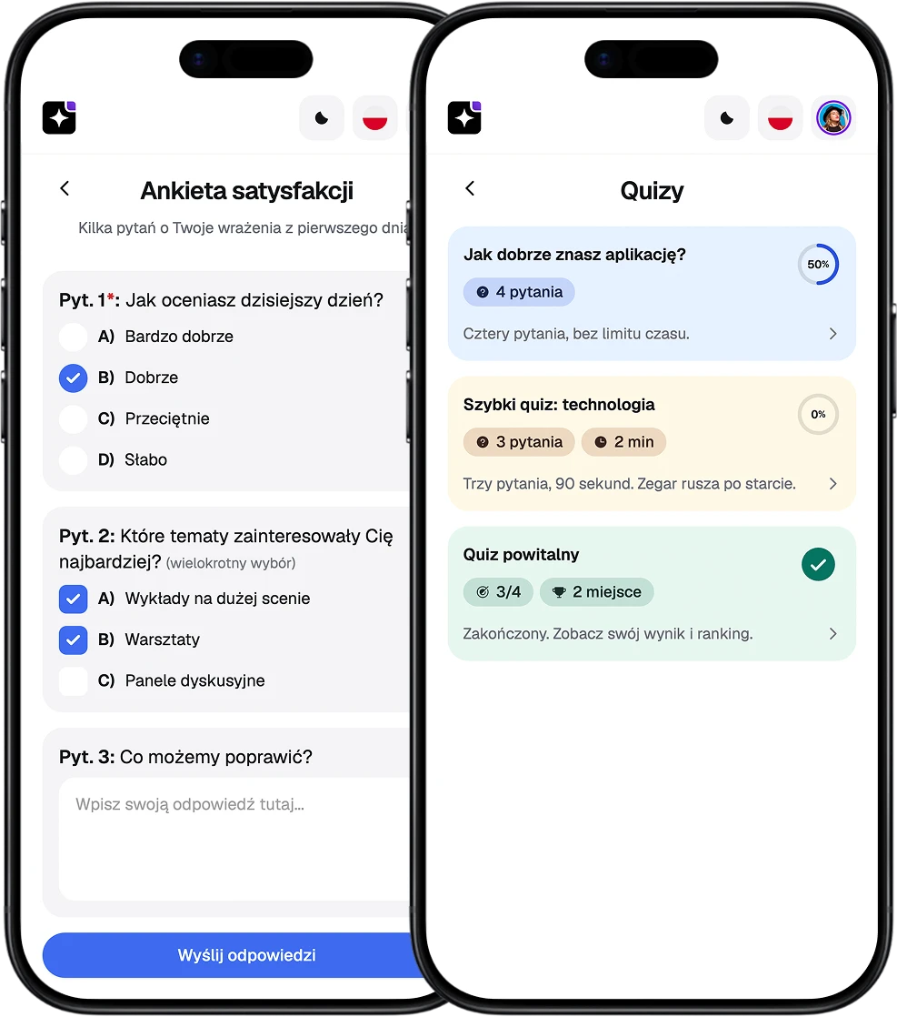 EventApp-Screens mit Teilnehmerumfrage und Quizliste