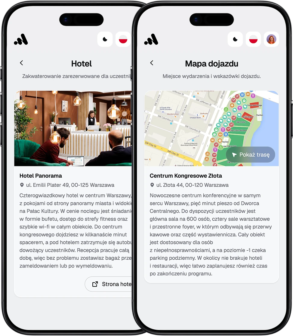 EventApp-Screens mit Anfahrtskarte und Hotelinformationen