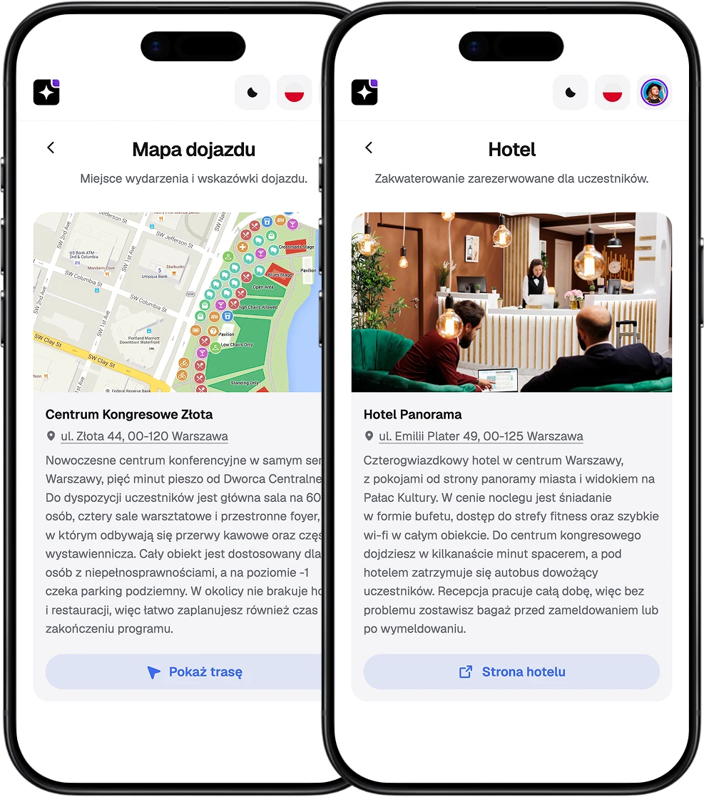 EventApp-Screens mit Anfahrtskarte und Hotelinformationen