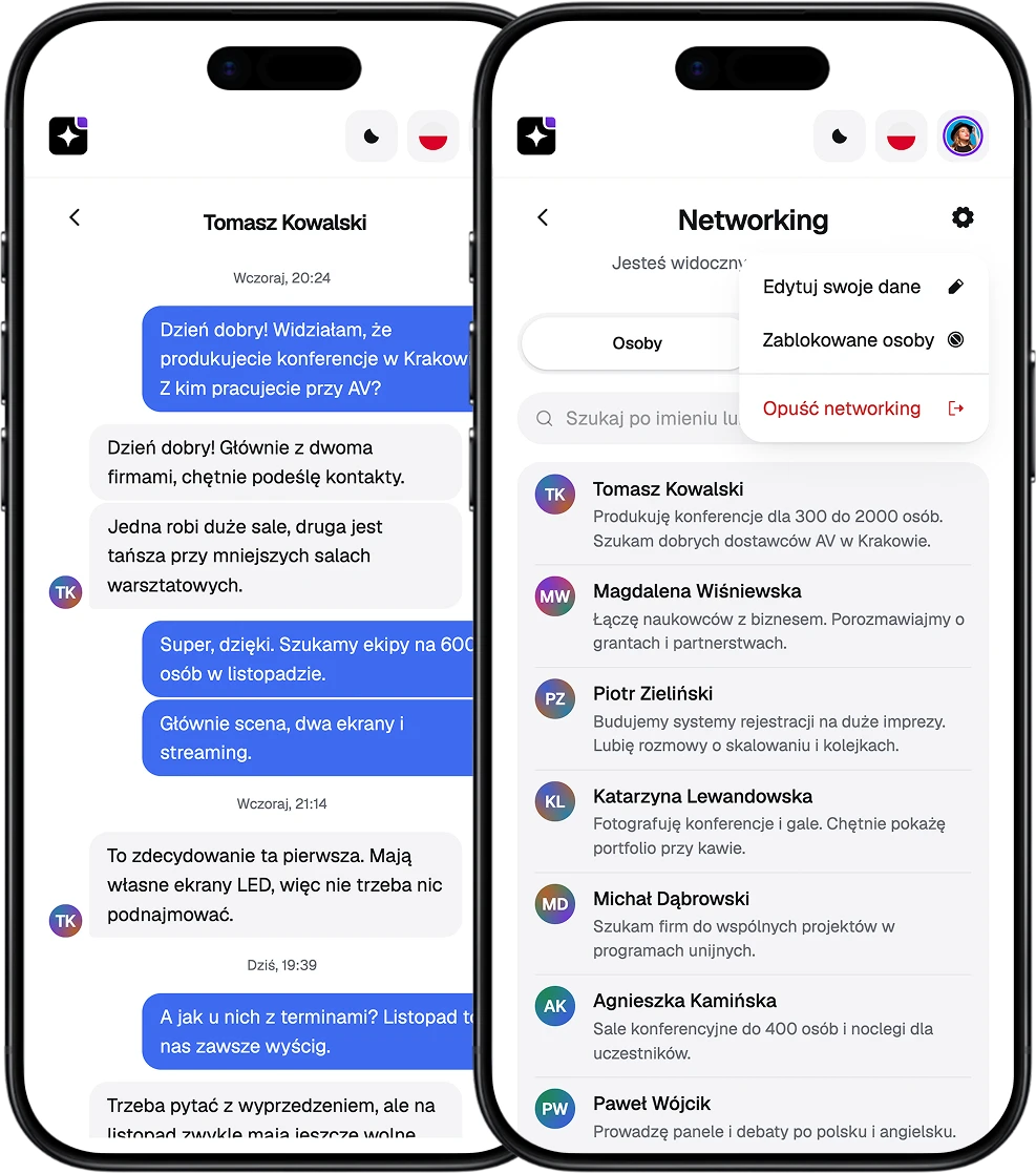 EventApp-Screens mit dem Teilnehmer-Chat und der Networking-Gästeliste