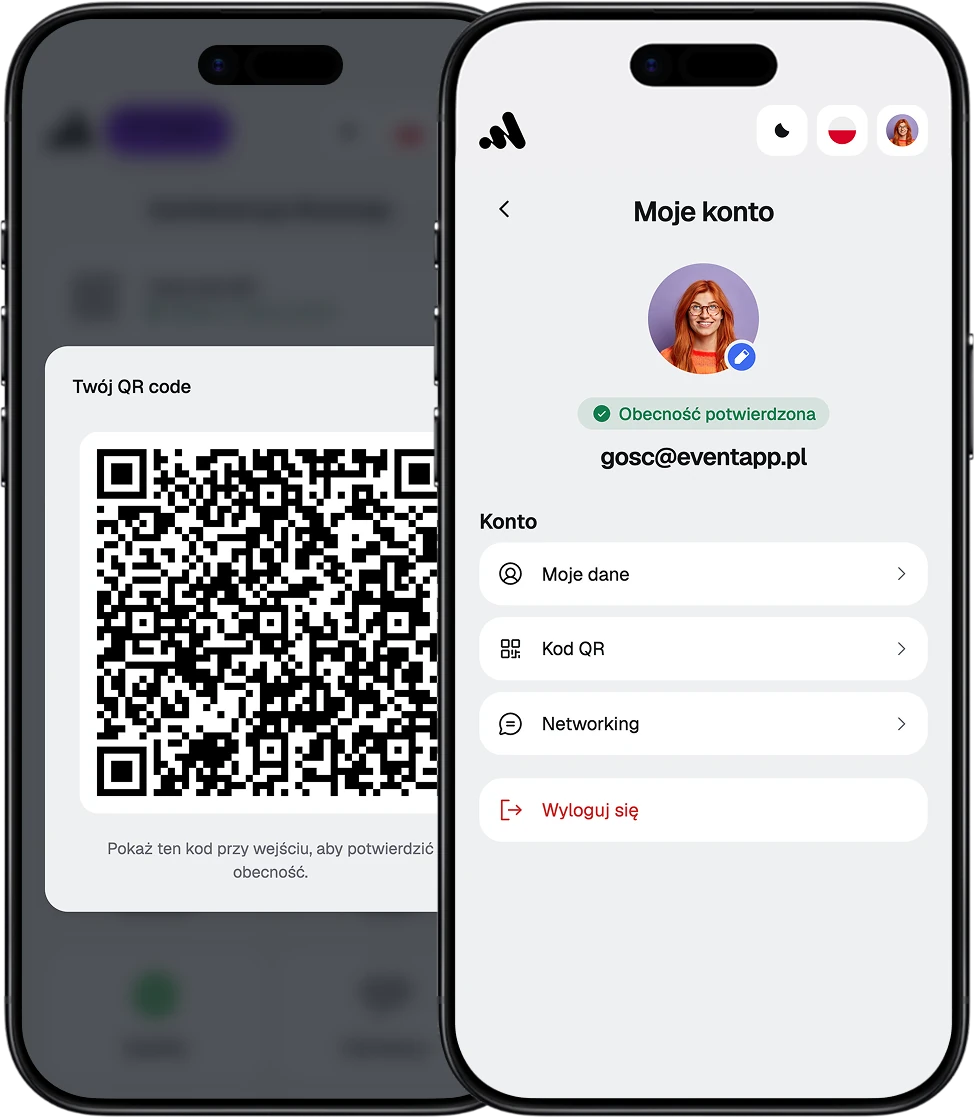 EventApp-Screens mit QR-Code für den Check-in und bestätigter Anwesenheit