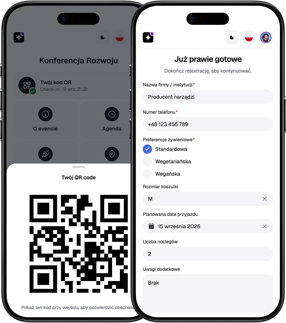 EventApp-Screens mit dem QR-Code des Teilnehmers und dem Anmeldeformular