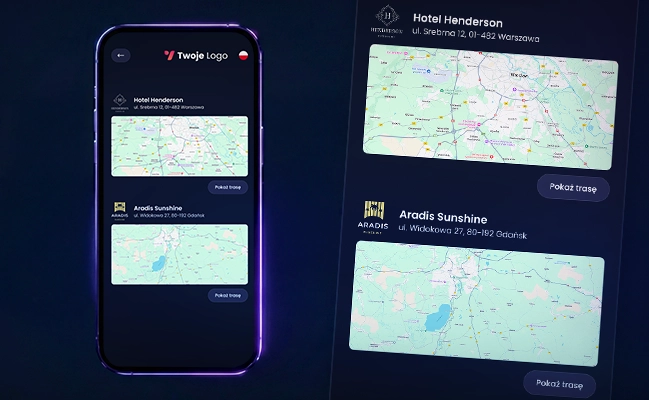 Widok mapy EventApp z lokalizacją i nawigacją do miejsca wydarzenia