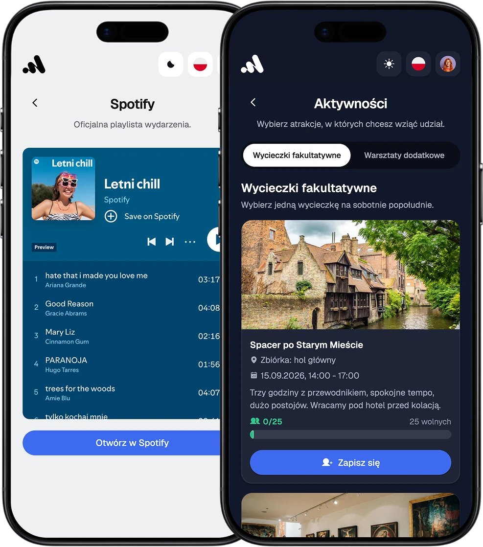 EventApp-Screens mit der Spotify-Playlist der Veranstaltung und der Anmeldung zu optionalen Ausflügen