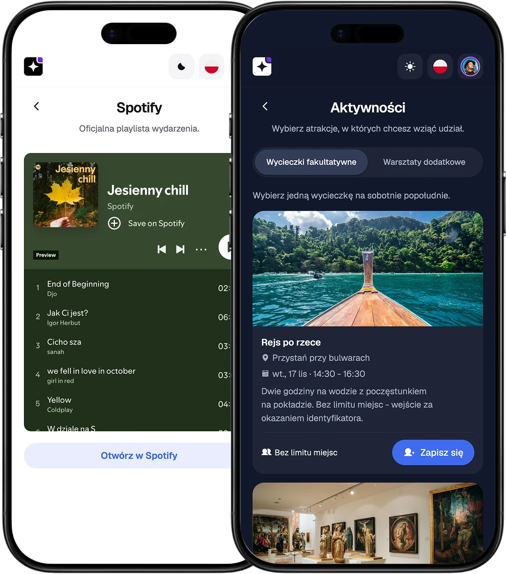 EventApp-Screens mit der Spotify-Playlist der Veranstaltung und der Anmeldung zu optionalen Ausflügen