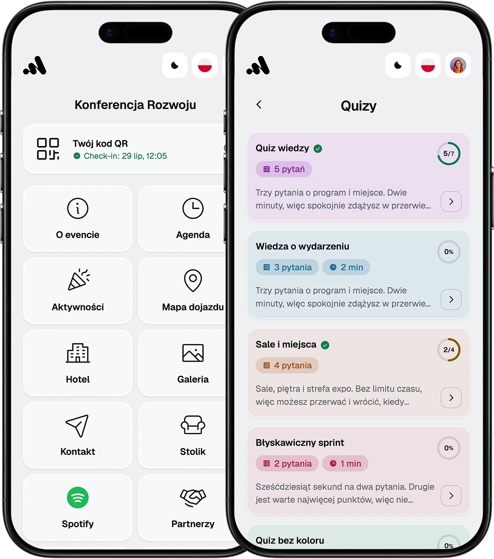 EventApp-Screens: der Startbildschirm mit Modul-Kacheln und QR-Code sowie die Quizliste