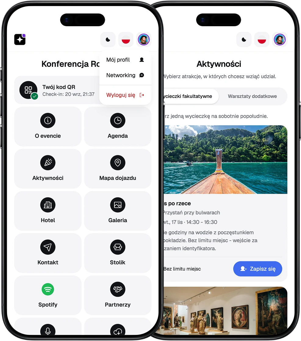 EventApp-Screens: der Startbildschirm mit Modul-Kacheln und QR-Code sowie die Anmeldung zu optionalen Ausflügen