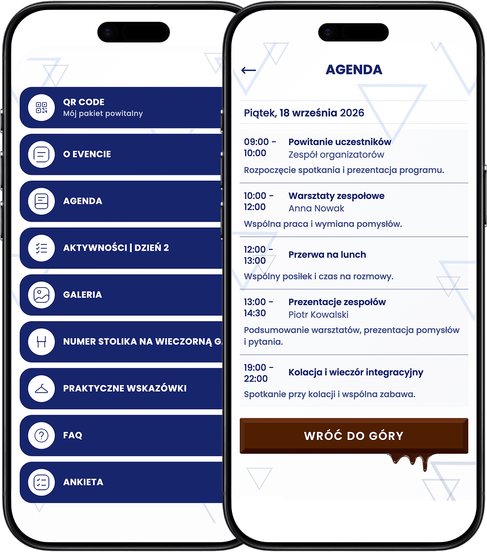 EventApp-Ansichten: Veranstaltungsmenü und Agenda auf zwei Smartphones