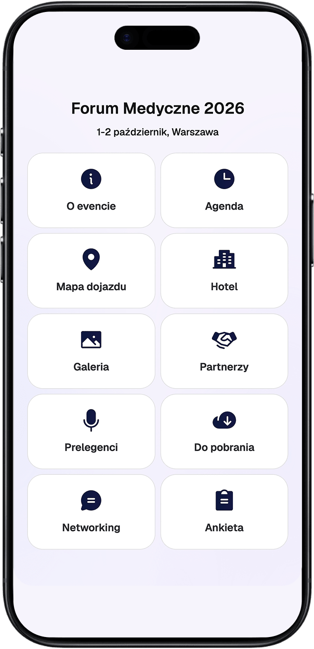 EventApp medical forum screen with the agenda, speakers, partners and downloads.